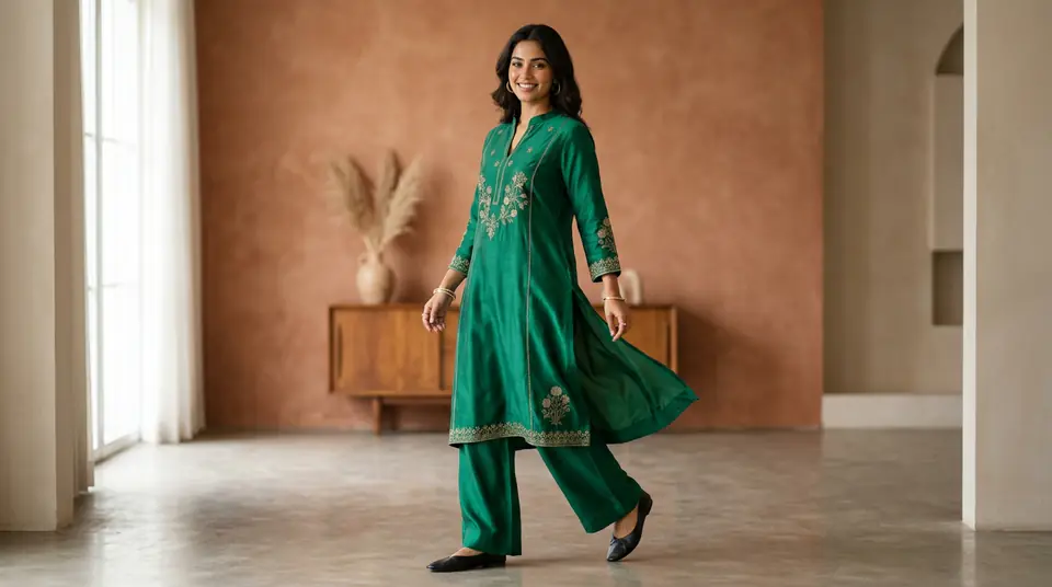 Indian woman confidently modeling a vibrant emerald green kurti-style co-ord set in a modern studio setting, showcasing elegant draping and fit.