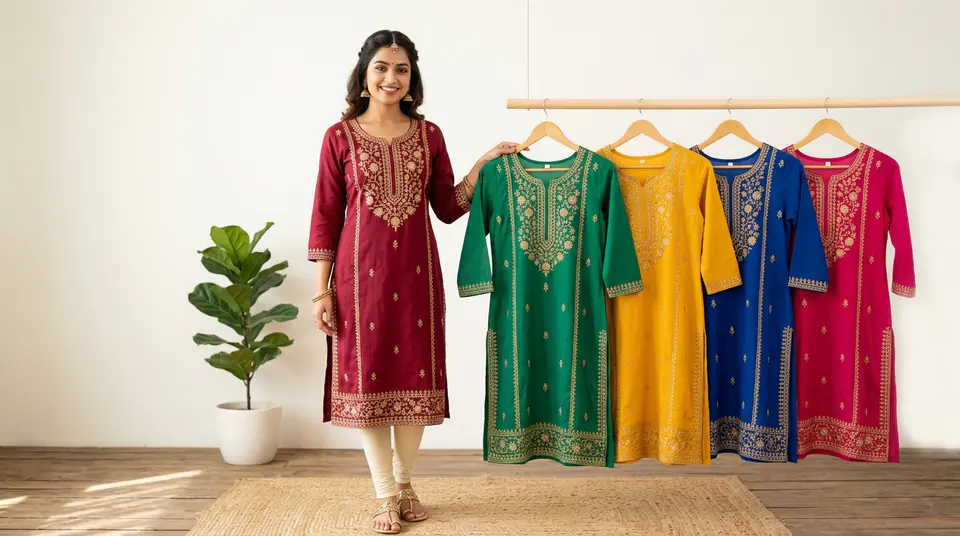 An Indian model showcasing five different color variants of a stylish kurti, illustrating diverse options for online shoppers.