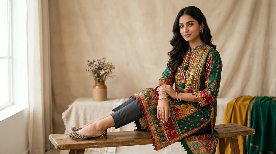 South Asian model showcasing a kurti with multiple colour variants, hinting at the diversity of product photography options.