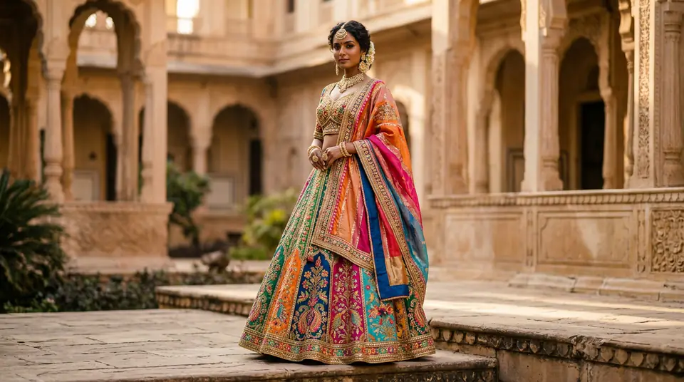 Indian model showcasing a vibrant, multi-coloured ethnic wear lehenga, highlighting the rich colour variants and intricate fabric details.