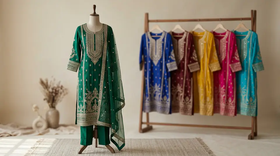 Multiple Indian kurti sets in various vibrant colours, some blurred in background, with one perfectly focused in the foreground, highlighting the concept of colour variant photography.