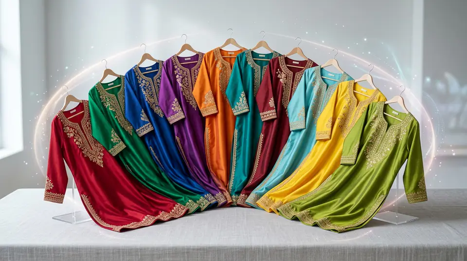 A vibrant spectrum of multi-colored kurti variants, digitally enhanced to perfection, showcasing the full range of product options.