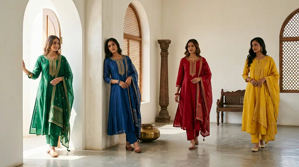 Multiple color variants of a stylish Indian kurti set showcased on diverse AI models in a luxurious interior, highlighting comprehensive product photography.