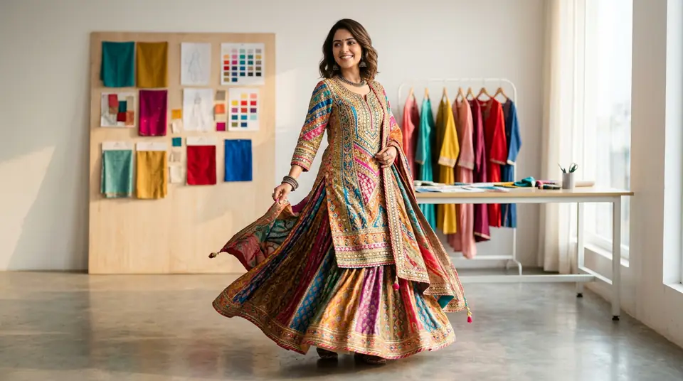 A model showcasing a multi-color kurti set, with various color variants subtly visible, symbolizing comprehensive color variant photography for Indian fashion.