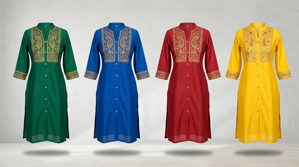 Four different color variants of an Indian kurti, expertly photographed side-by-side to showcase the full product range.