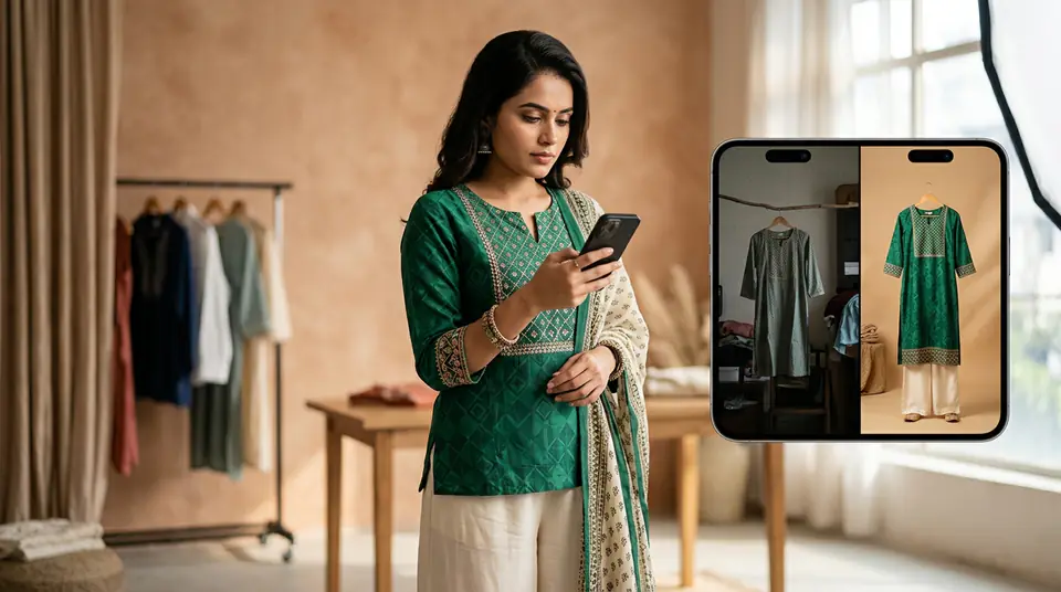 Indian female entrepreneur realizing how DrapifyApp fixes fashion ad conversion by creating consistent product photos that match ad creatives.