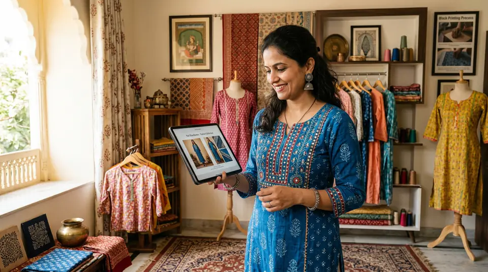 Radha, an Udaipur boutique owner, smiling while viewing AI-generated fashion photos of her handloom kurtis on a tablet in her living room.