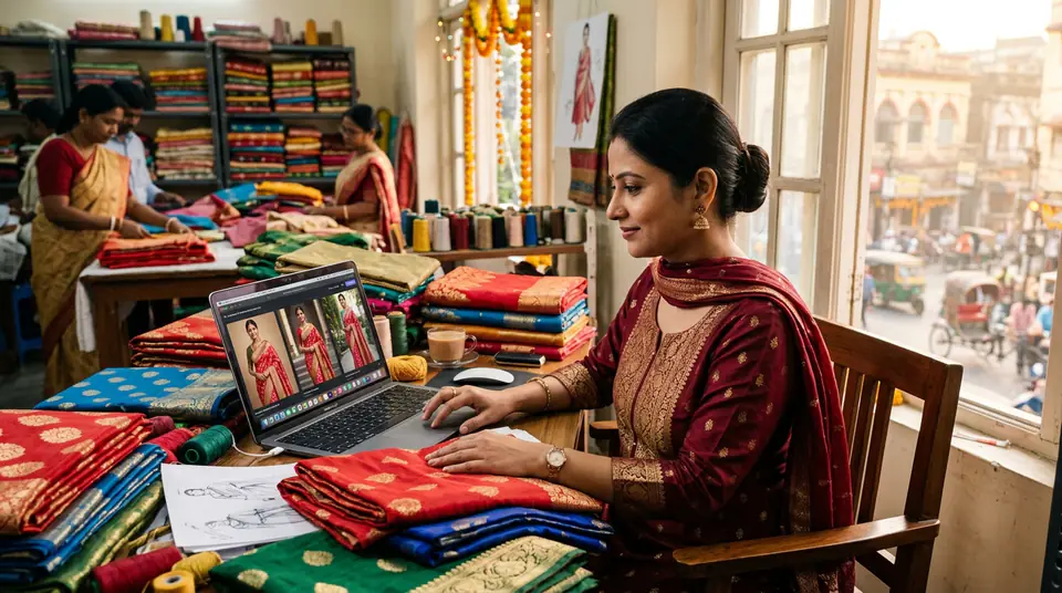Anjali Sharma, owner of 'The Saree Story', calmly managing her festival catalogue with AI fashion photography on her laptop, surrounded by beautiful sarees.