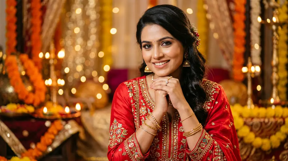 A confident Indian model showcasing a vibrant red embroidered kurti set, radiating festive elegance against a luxurious, traditionally decorated background.
