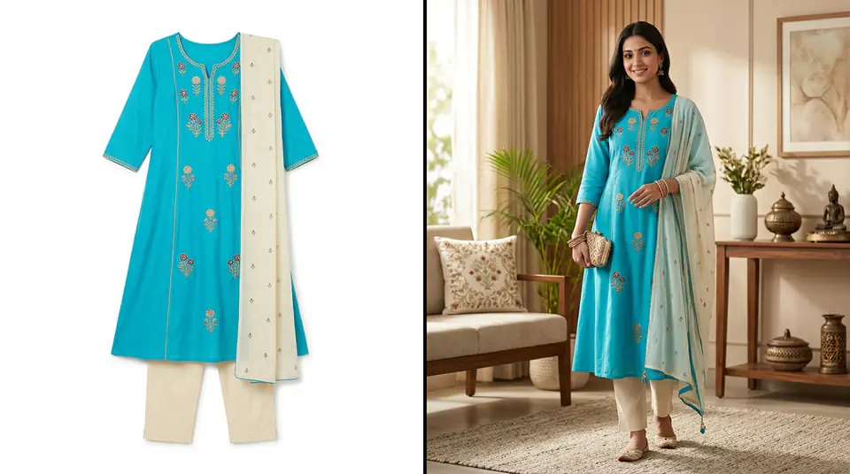 Split image showing the same Indian kurti set; one half with a plain white background for marketplace, the other with a lifestyle background for DTC, illustrating distinct DTC marketplace photography strategies.