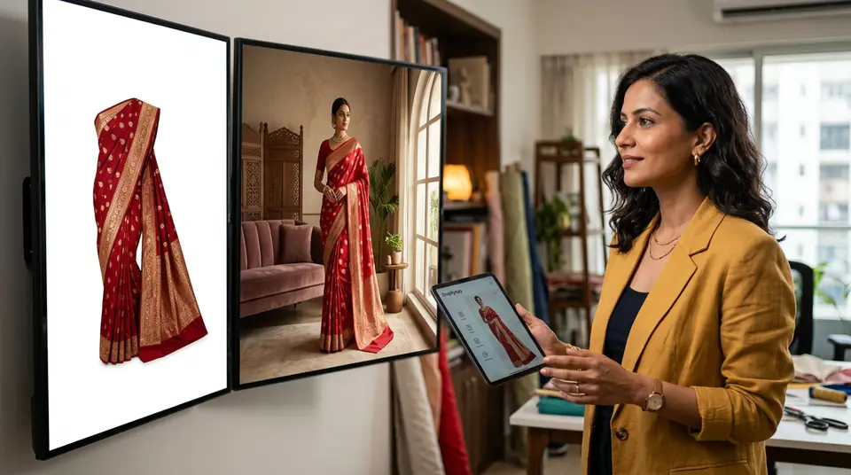 Indian fashion entrepreneur reviewing different types of product photos for DTC website and marketplaces using AI photography platform.