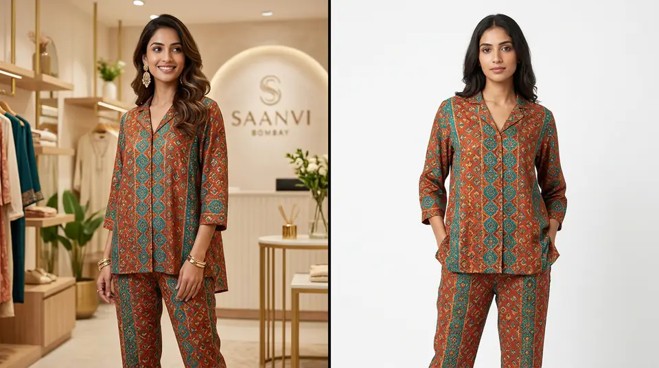 Indian model wearing a co-ord set, split into two distinct visual styles: one for a DTC website (aspirational, branded) and one for a marketplace (clean, product-focused).