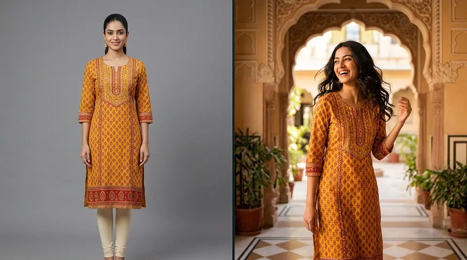 A split image comparing marketplace photography of a kurti on a grey background with DTC photography of the same kurti in a lifestyle setting.