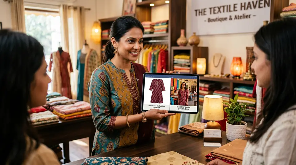 Indian boutique owner comparing DTC website photos and Myntra marketplace photos on a tablet, demonstrating distinct visual strategies for different platforms.