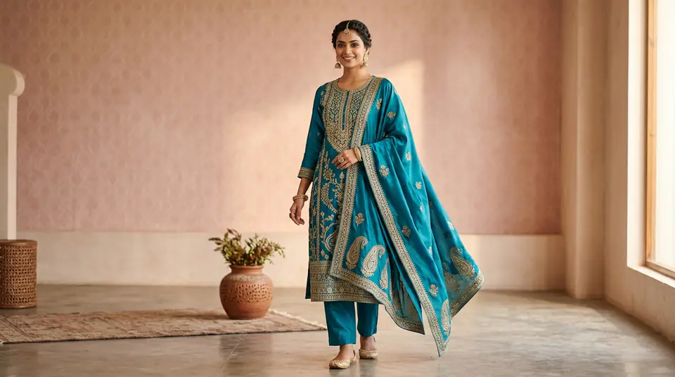 Indian model in a vibrant kurti set with a perfectly draped, elegant dupatta, showcasing premium ethnic fashion photography.