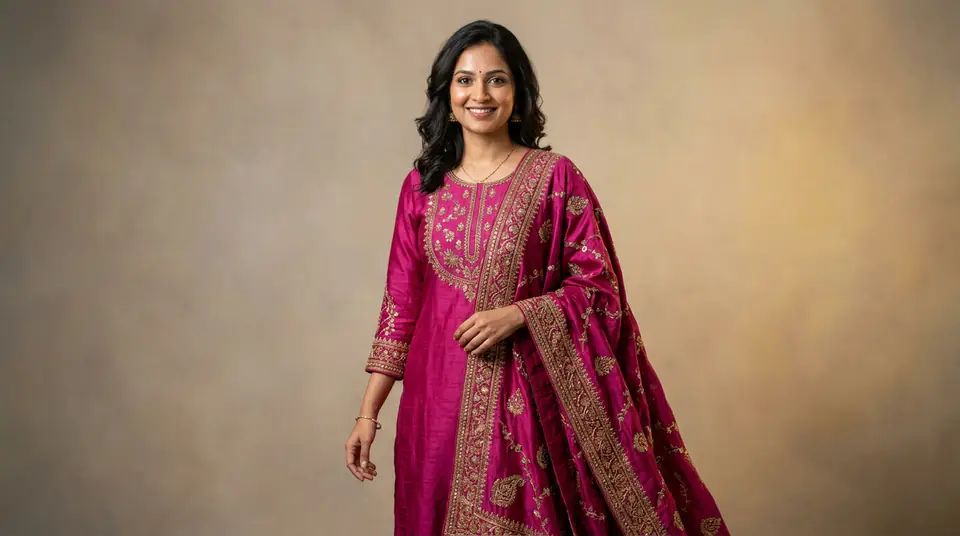 Indian woman in magenta kurti with a gracefully draped dupatta, showcasing ethnic wear photography.