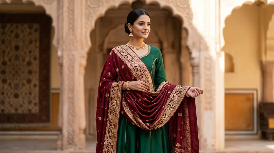 AI-generated image of a beautiful Indian ethnic wear outfit with a perfectly draped, intricately embroidered dupatta, showcasing premium quality and flawless presentation.