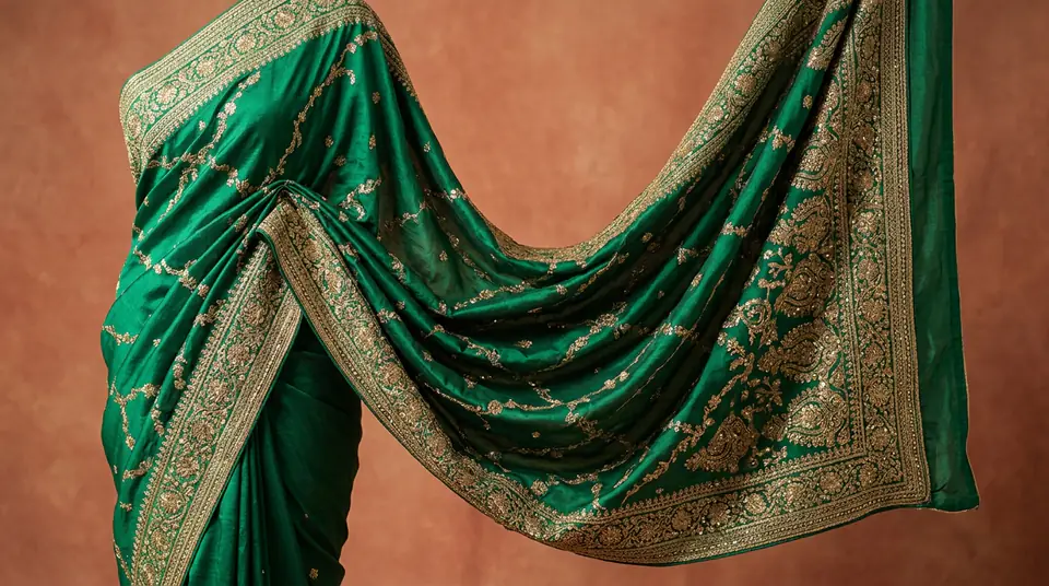 Close-up of an elegantly draped emerald green silk dupatta with intricate gold Zari work, showcasing premium ethnic wear fabric and styling