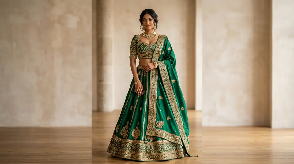 Indian model wearing an emerald green lehenga with a perfectly styled dupatta draped elegantly, showcasing the outfit's premium quality.