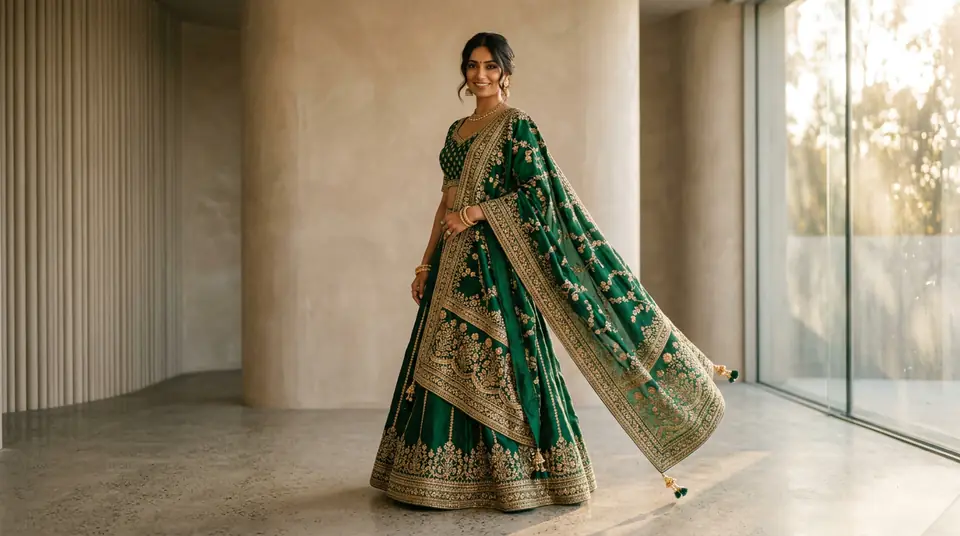 Indian model with perfectly styled dupatta on an ethnic wear outfit, showcasing elegance and premium quality in a fashion photoshoot.