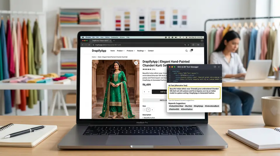 Laptop screen showing a DrapifyApp generated image of a kurti set with a focus on alt text for ecommerce image SEO optimization