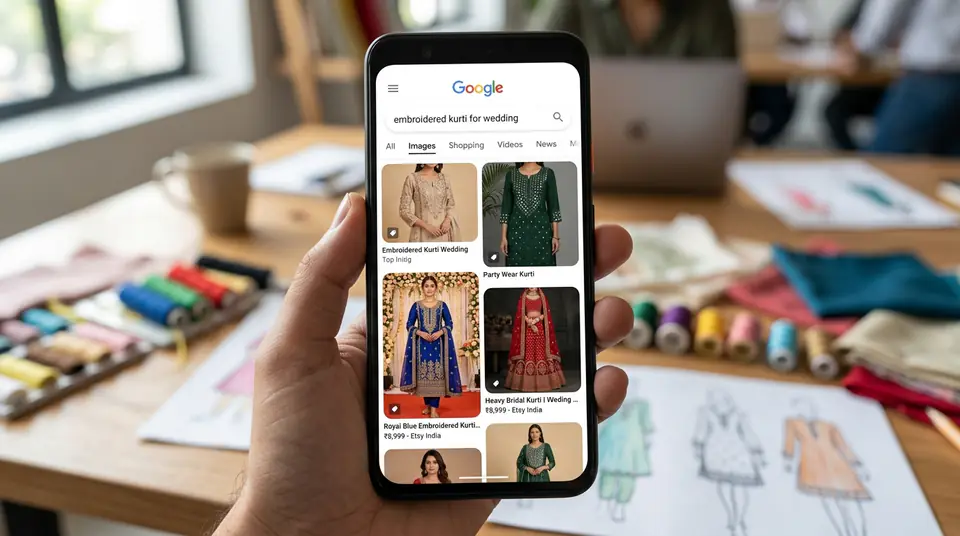 Smartphone screen showing Google Image Search results for 'embroidered kurti for wedding' with a prominently ranked blue embroidered kurti, illustrating effective ecommerce image SEO.