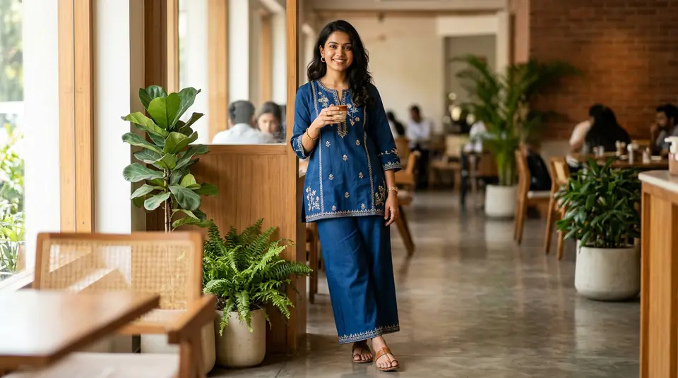 An Indian woman in a stylish indigo cotton blend ethnic co-ord set in a modern cafe, showcasing comfort and design.