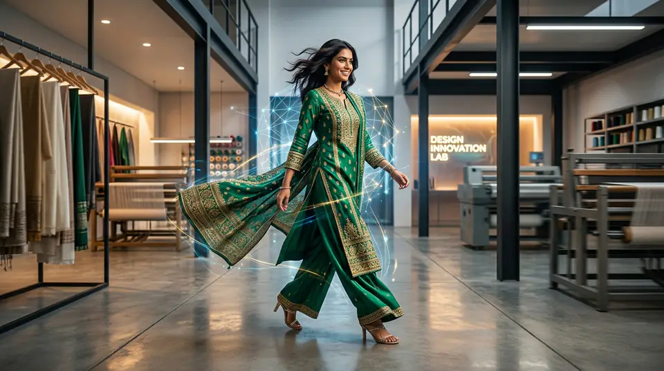 Indian model wearing a vibrant kurti set, striding confidently in a high-tech garment manufacturing backdrop, symbolizing efficient fabric to catalogue workflow.