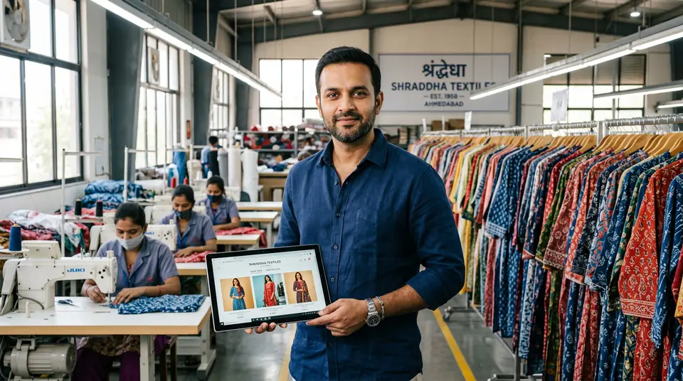 An Indian garment manufacturer in his Ahmedabad factory reviews his new ecommerce catalogue photos generated by AI.