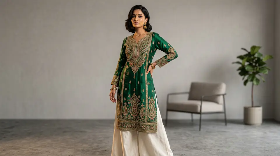 High-quality AI fashion photograph of an Indian kurti, showcasing intricate fabric details and a realistic AI model for fast direct-to-consumer listing.
