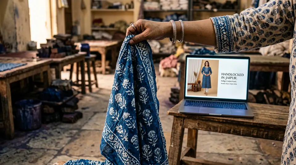 A garment manufacturer's hand holding a new fabric, with a laptop showing the finished product on an AI model, symbolizing a fast fabric to catalogue workflow.