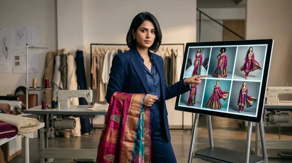 Modern Indian garment manufacturer holding fabric, viewing AI-generated fashion images on a tablet, symbolizing a rapid fabric to catalogue workflow.