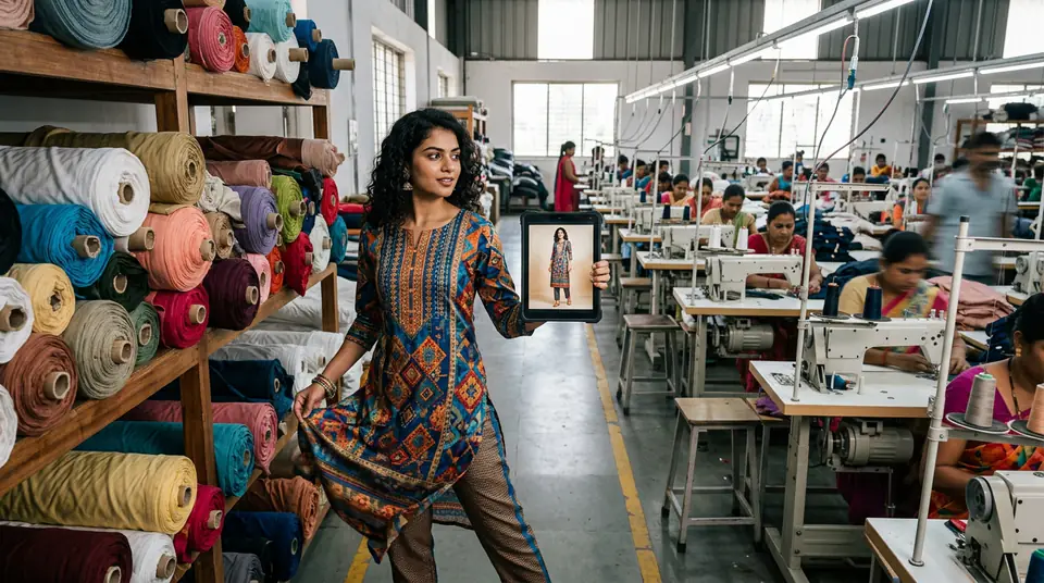 A garment manufacturer's efficient workspace, showing raw fabric next to a tablet displaying AI-generated catalogue photos, symbolizing a fast fabric-to-catalogue workflow.