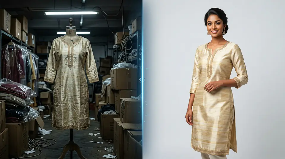 Comparison of a garment on a mannequin versus a vibrant, professional AI model photoshoot image, illustrating the fabric-to-listing transformation for manufacturers.