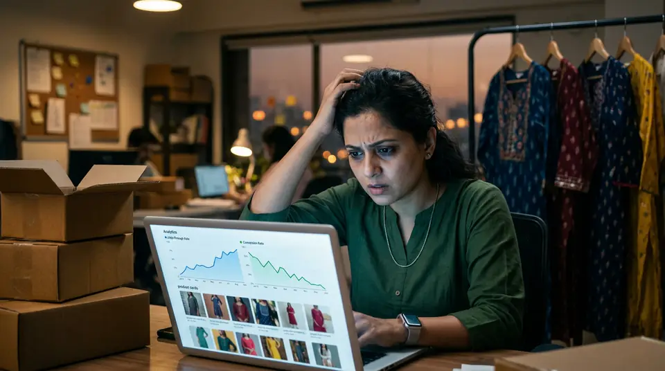Indian fashion e-commerce manager frustrated by low conversion rates on laptop, with analytics showing high CTR but poor CVR due to inconsistent product photos.