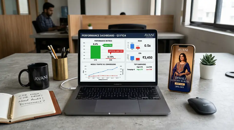 A performance marketing dashboard showing a high CTR but a low fashion ad conversion rate, highlighting a common problem for ecommerce brands.