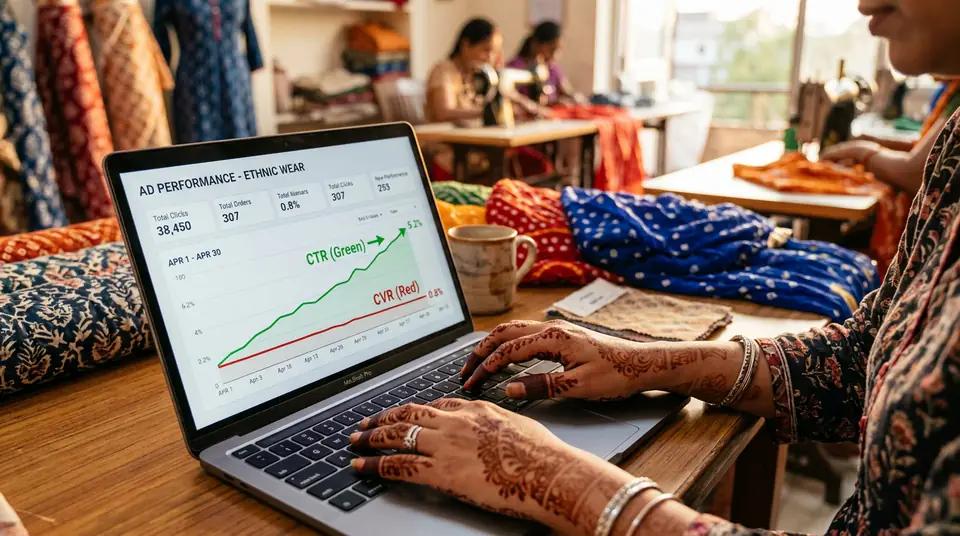 Woman's hands with mehndi looking at a laptop with a digital dashboard showing low conversion rates for fashion ads