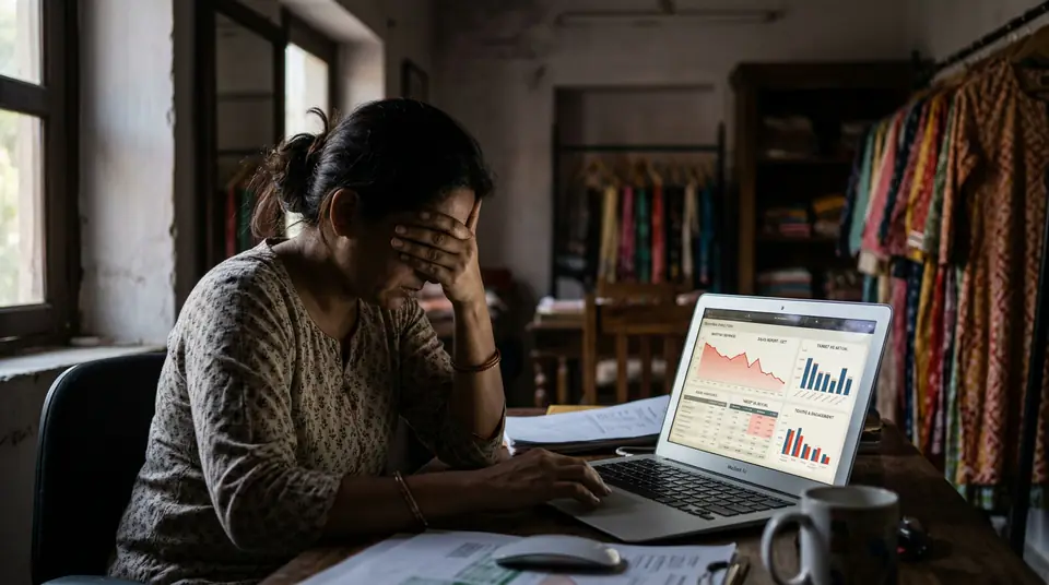 Anjali, a boutique owner, frustrated by low conversion rates despite high ad clicks.