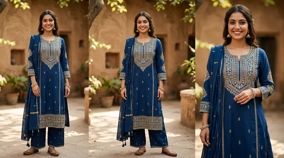 Indian model wearing a beautiful indigo kurti set, designed for high-conversion fashion ad creatives.