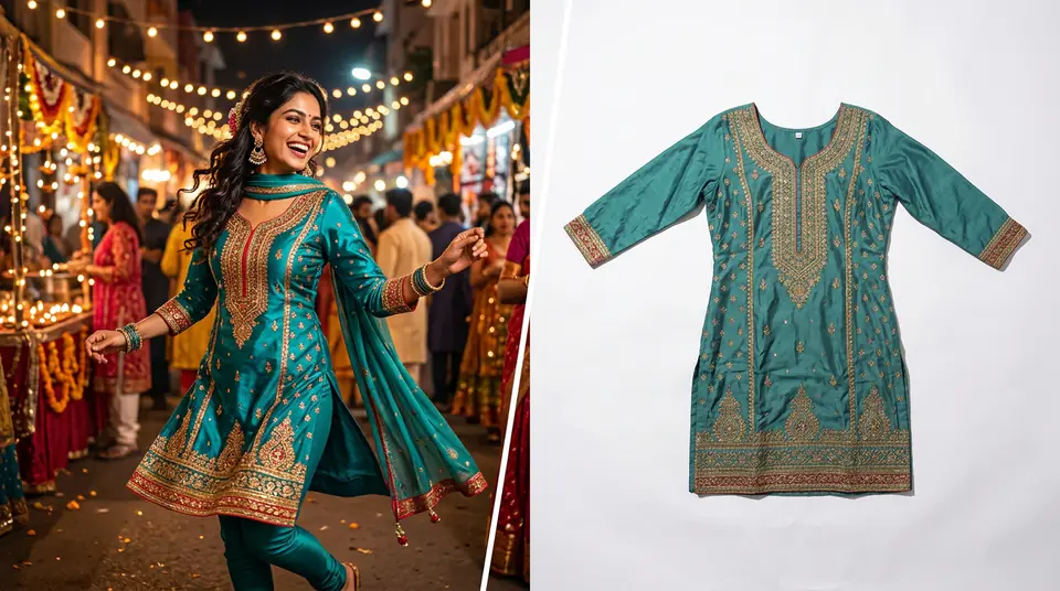 Contrast between a high-energy fashion ad and a flat, uninspiring product photo, showing the CTR vs CVR problem in fashion ecommerce.