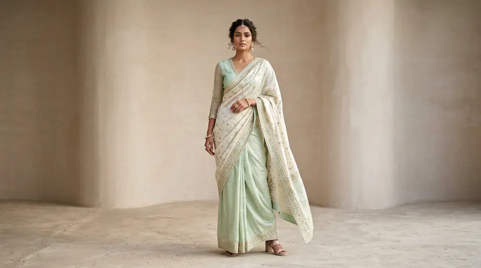 Indian model in an elegant kurti set against a perfectly consistent, minimalist studio background, embodying high-quality catalogue consistency and professional brand imaging.