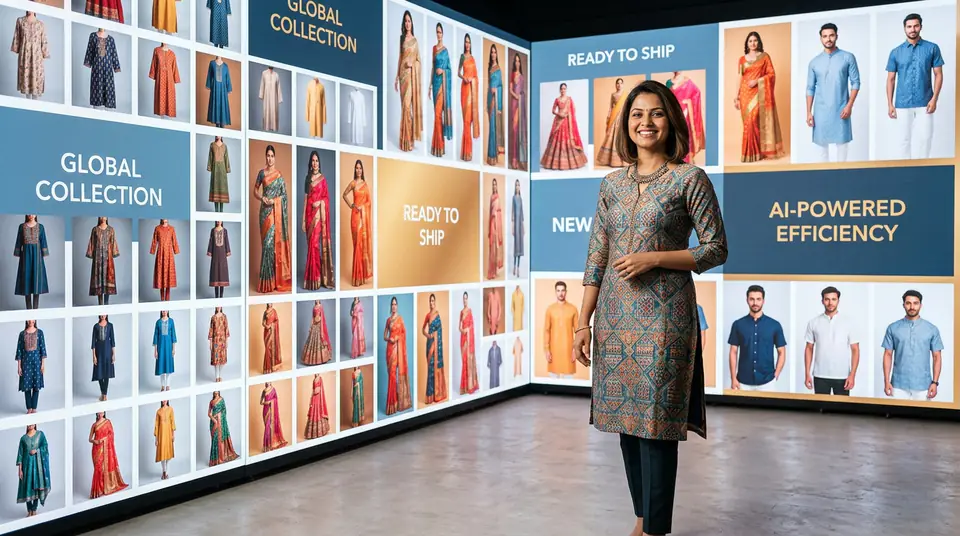 Indian fashion seller confidently managing a large product catalogue with ease, showcasing numerous AI-generated fashion images on digital screens, signifying efficient SKU scaling.
