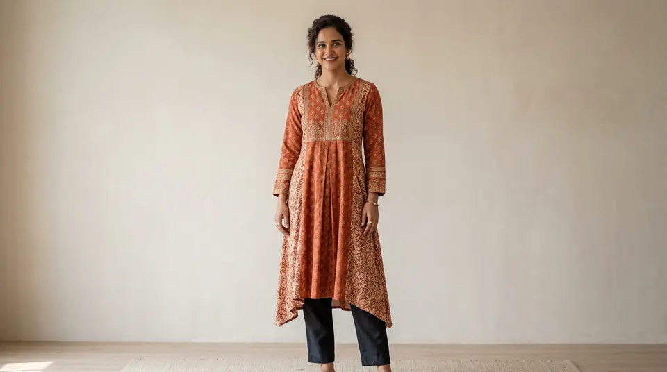 A diverse Indian model wearing a modern D2C kurti, photographed with professional catalogue lighting and styling to highlight product details.