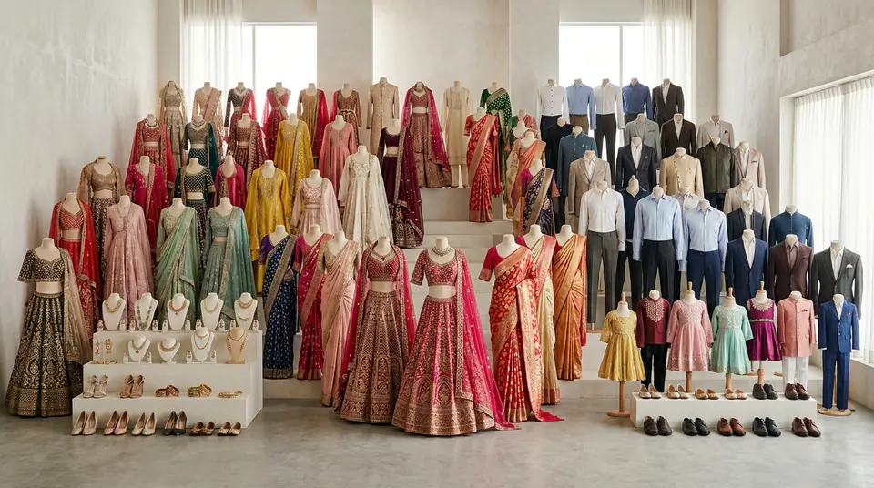 An editorial-quality AI-generated fashion photography composite showing a vast, diverse collection of Indian ethnic wear (sarees, kurtis) and Western wear (shirts, kids' outfits, footwear, jewelry) on a clean, modern studio background, symbolizing efficient and scalable catalogue creation.