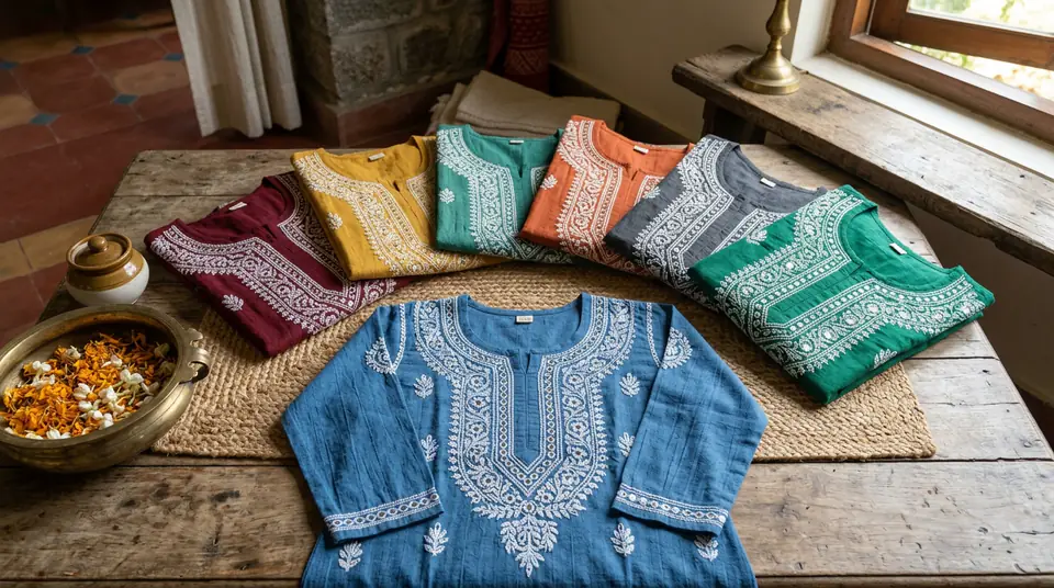 Multiple colorful kurtis fanned out, showcasing different color variants generated by AI fashion photography.