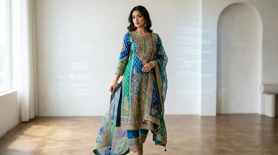 Indian model wearing a vibrant kurti set in a high-quality, SEO-optimized fashion photograph, with subtle digital elements in the background symbolizing online visibility.