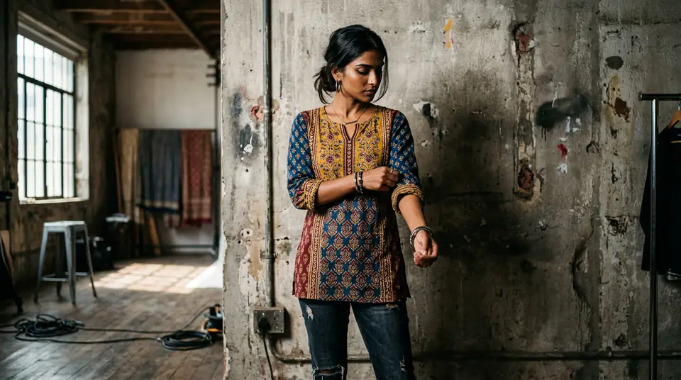 A confident Indian fashion brand owner checking the quality of her kurti, representing modern fashion photography pricing in India.