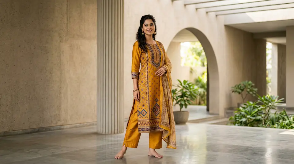 Indian model wearing a stylish kurti set, showcasing high-quality AI fashion photography for online catalogue.