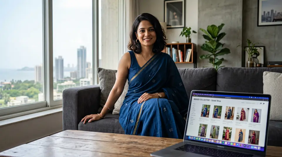 Successful Indian fashion entrepreneur using AI for her online saree business catalogue, showcasing the future of fashion photography pricing in India.