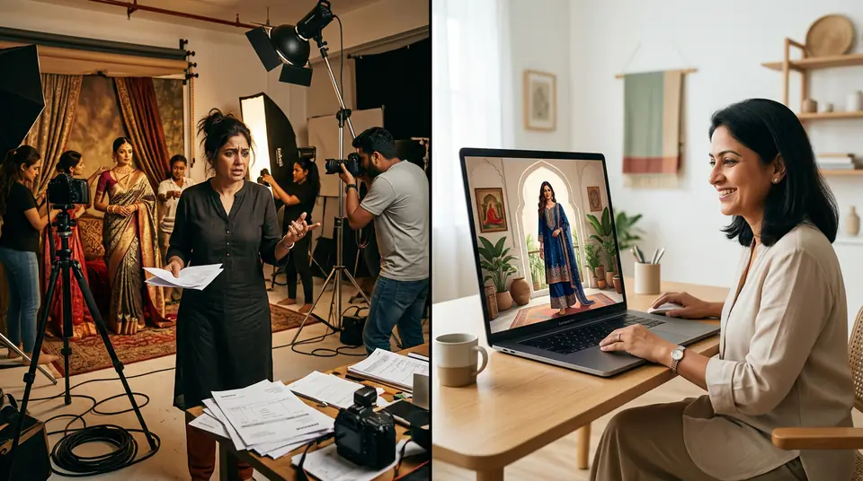 Indian fashion entrepreneur comparing a chaotic, expensive traditional photoshoot on one side with an efficient, affordable AI fashion photoshoot using DrapifyApp on the other, highlighting cost savings and efficiency in fashion photography pricing in India.